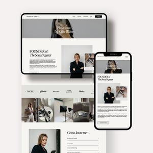 Peut inclure: Pr&eacute;sentation d'un site web sur une tablette et un smartphone. Le site affiche le texte "Hello there, I'm Olivia Wilson" et "FOUNDER of The Social Agency". Le design est &eacute;pur&eacute;, minimaliste, avec une palette de couleurs claires.
