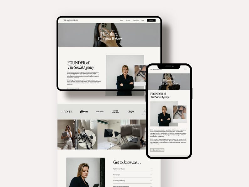 Peut inclure: Pr&eacute;sentation d'un site web sur une tablette et un smartphone. Le site affiche le texte "Hello there, I'm Olivia Wilson" et "FOUNDER of The Social Agency". Le design est &eacute;pur&eacute;, minimaliste, avec une palette de couleurs claires.