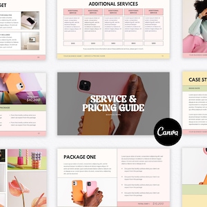 May include: A digital marketing service and pricing guide with a pink and yellow color scheme. The guide includes sections on services, pricing, and case studies. The image features a phone and the Canva logo.