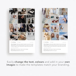 K&ouml;nnte beinhalten: Zwei Instagram-Rastervorlagen in einem blau-wei&szlig;en Farbschema. Jede Vorlage verf&uuml;gt &uuml;ber ein 3x3-Raster mit Bildern, die eine Vielzahl von Mode- und Lifestyle-Inhalten zeigen. Der Text im Bild lautet "Pecca Deagne Lovet, consectet adipiscing elit, sed do eiusmod tempor incididunt ut labore et dolore magna aliqua. Quisque ipsum suspendisse ultrices and dolores neque. "
