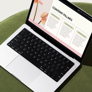 May include: A laptop computer open to a presentation slide titled "Content Pillars" with three sections labeled "Content Pillar". The laptop is on a green surface.