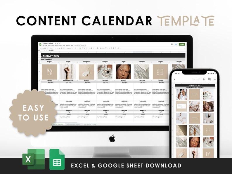 Social Media Content Calendar & Planner Template | Monthly | Excel Spreadsheet + Google Sheet | Batch Content | Digital Download 