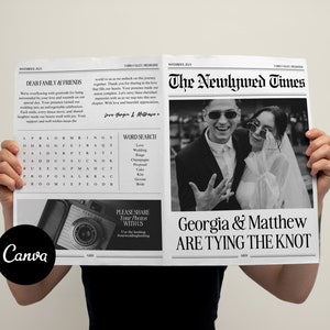 May include: A black and white newspaper-style wedding announcement. The headline reads "The Newlywed Times" with a photo of the couple. Text includes "Georgia & Matthew ARE TYING THE KNOT" and a word search.