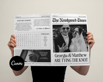 Newspaper Wedding Program | Canva Template | Printable Wedding Newspaper Canva | Wedding Itinerary Template DIY | Wedding Games