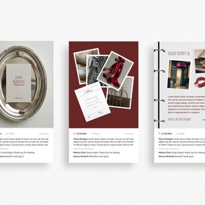 May include: Three social media posts. The first shows a silver platter with a card that says "NOW BOOKING". The second post has photos of a red shoe and architecture. The third post is a diary entry with a car photo and lipstick.