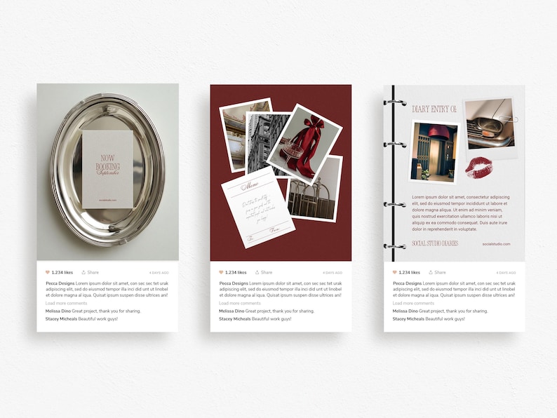 May include: Three social media posts. The first shows a silver platter with a card that says "NOW BOOKING". The second post has photos of a red shoe and architecture. The third post is a diary entry with a car photo and lipstick.