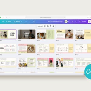May include: A screenshot of a Canva presentation template for a social media strategy. The template includes sections for client name, key messages, target audience, and competitor analysis. The template is designed in a modern and minimalist style with a pink and yellow color scheme.