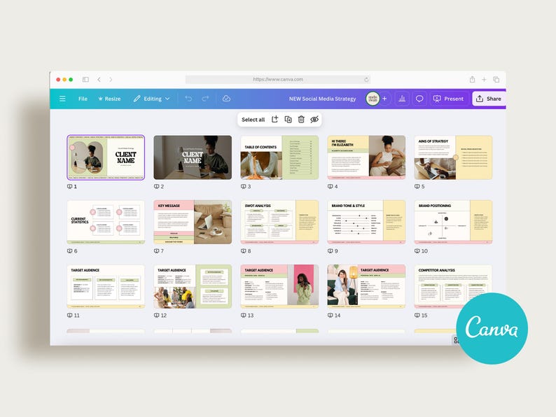 May include: A screenshot of a Canva presentation template for a social media strategy. The template includes sections for client name, key messages, target audience, and competitor analysis. The template is designed in a modern and minimalist style with a pink and yellow color scheme.
