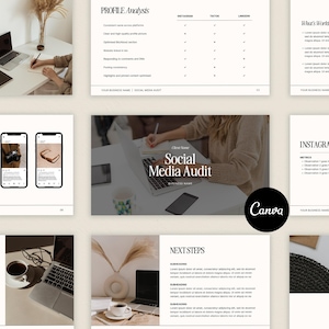 May include: A social media audit presentation template with a Canva logo. The presentation includes sections for profile analysis, what's working, Instagram, next steps, and a thank you slide. The template features a minimalist design with a neutral color palette.