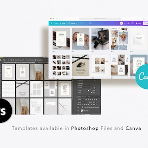 K&ouml;nnte beinhalten: Ein Screenshot eines Computerbildschirms, der eine Sammlung von Social-Media-Post-Vorlagen in Photoshop und Canva zeigt. Die Vorlagen sind f&uuml;r den Black Friday-Verkauf konzipiert und zeichnen sich durch eine minimalistische &Auml;sthetik mit Schwarz-Wei&szlig;-Grafiken aus.