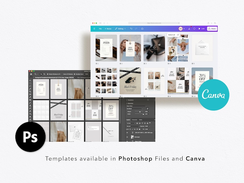 K&ouml;nnte beinhalten: Ein Screenshot eines Computerbildschirms, der eine Sammlung von Social-Media-Post-Vorlagen in Photoshop und Canva zeigt. Die Vorlagen sind f&uuml;r den Black Friday-Verkauf konzipiert und zeichnen sich durch eine minimalistische &Auml;sthetik mit Schwarz-Wei&szlig;-Grafiken aus.