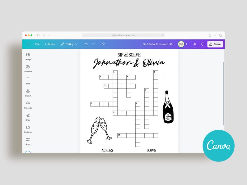 Sip & Solve Wedding Crossword Template Printable and Editable Canva