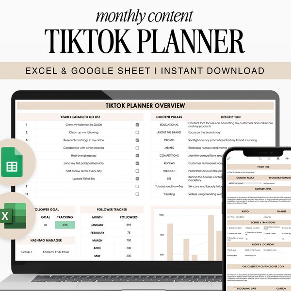 TikTok & Reel Video Content Planner  | Google Sheet Spreadsheets | Excel Spreadsheet | Batch Content | Digital Download