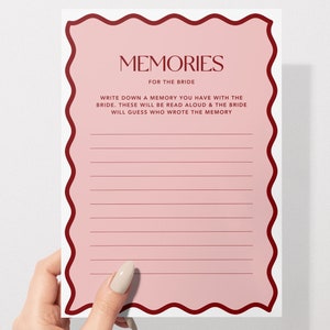 Memories For The Bride Game | Hens & Bridal Shower Party Game | Bachelorette | Pink + Red | Instant Download | Print at Home | Wavy Border