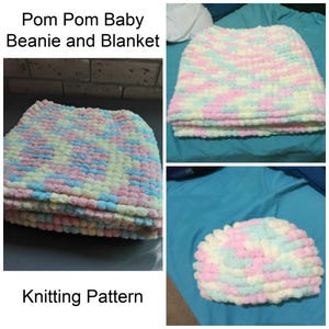Pom Pom Baby Blanket and Beanie Knitting Pattern *DIGITAL DOWNLOAD*