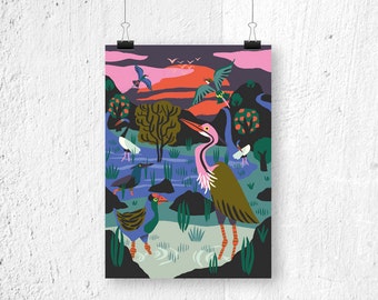 Poster Bird Reserve Cambodia A3 print A4 poster - poster nature - poster birds - bird poster - birds poster - birds print - Cambodia poster