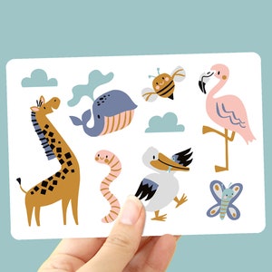 Cartolina Annuncio Nascita - Biglietto Neonato con Animali - Giraffa, Fenicottero e Balena