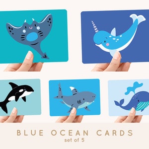 Multi-Pack! 5x Postkaart Blue Ocean - Ansichtkaartenset met zeedieren: orka, walvis, narwal, haai en pijlstaartrog
