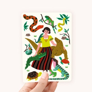 Postkaart Reptielen - Ansichtkaart met Dieren en Vrouw, Jungle Illustratie