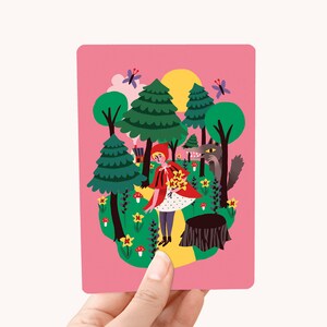 Karte Rotkäppchen - A6 Postkarte / Postkarte rosa - Märchen Illustration