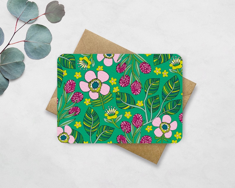 Postcard Flowers Green Card with floral pattern A6 Get Well Soon, Birthday, Friendship, Say Hi image 1