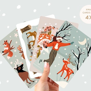 Christmas Card Set of 4 - Winter Animals A6 - Holiday Greetings Cards