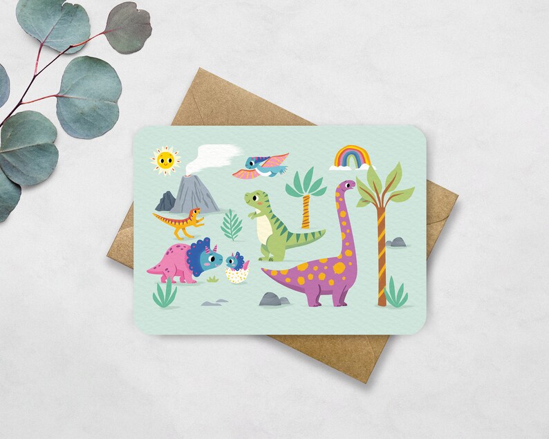 Cartolina Dinoland - Biglietto con Dino's A6 - Biglietto perfetto per i bambini! Include busta kraft immagine 1