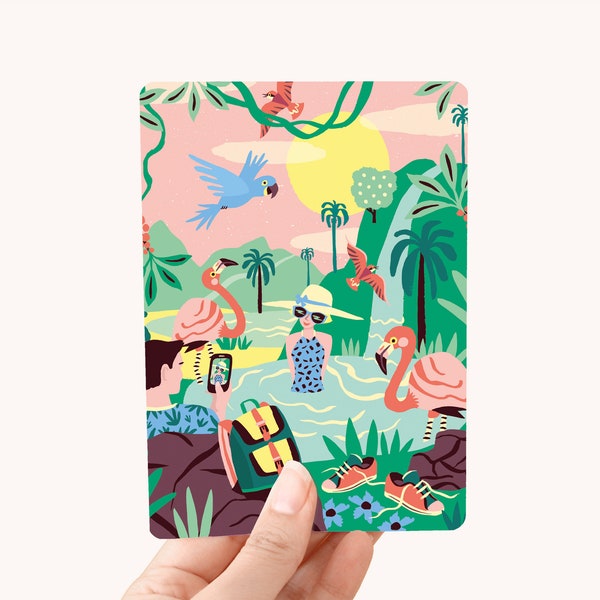 Postcard tropical paradise greeting card / postcard holidays card tropical artwork print tropical cute summer print card flamingo artwork