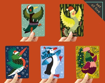 MULTI-PACK 5x Cartoline di Natale 'Uccelli di Natale' A6 - 5 allegri cartoline di Natale