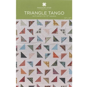 May include: A quilt pattern for a Triangle Tango quilt, featuring a white background with a repeating pattern of colourful triangles. The pattern is for 10 inch squares and the finished quilt measures 113 inches by 97 inches.