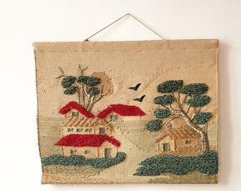 Vintage Tapestry Boho Wall Hanging India Landscape Handmade Artisan 1960s 1970s