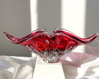 Vintage MCM Alfredo Barbini MURANO Bowl ART Glass Pink Blue Clear Cased Fuchsia Freeform Abstract Dish Biomorphic Hand Blown Large 1950s-60s