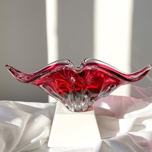 Vintage MCM Alfredo Barbini MURANO Bowl ART Glass Pink Blue Clear Cased Fuchsia Freeform Abstract Dish Biomorphic Hand Blown Large 1950s-60s