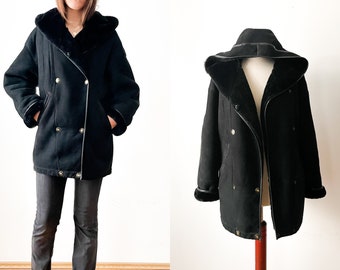 Vintage Shearling Kapuzenmantel Jacke Blacke Wildleder Klein bis Mittel Mint Zustand Made in Frankreich