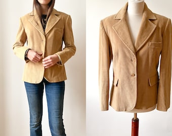 Frauen Cord Beige Taillierte Blazer Jacke Baumwolle Small Medium