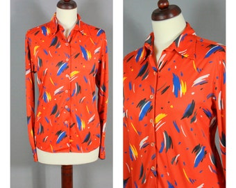 Vintage 1960s 1970s Red Shirt Blouse Novelty Print Multicoloured Red Blue Yellow Disco Polyester60s 70s