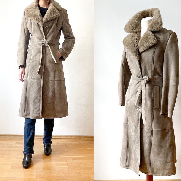 manteau vintage en cuir de mouton retourné et daim coupe princesse gris ceinturé manteau d'hiver des années 70 des années 70