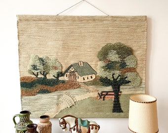 Vintage Tapestry Boho Wall Hanging Handmade India Hippie 1970s 1960s Hand tufted Natural tones artisan