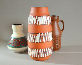 Vintage Scheurich 203-26 Tall Vase Zig Zag Pattern White Matte Glaze Modernist Mid Century Modern 1950s -1960s Fiftees Sixtess