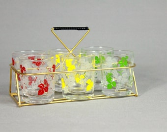 Vintage Mid Century Modern Shooters Set with Stand Carrier Barware Coloured Brass 1950s Fiftees Retro MidMod