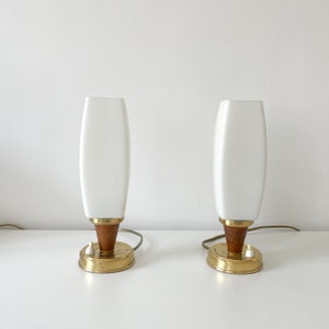 Vintage Pair Night Stand Lamps Set of 2 Kalmar Glass Teak Wood Brass 1960s 60s Mid Century Modern Midmod Modernist