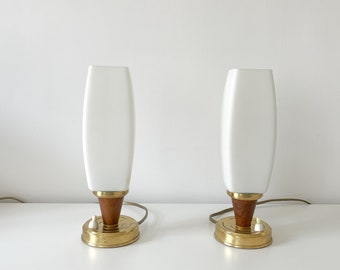 Vintage Paar Nachttischlampen 2er Set Kalmar Glas Teak Holz Messing 1960er 60er Mid Century Modern Midmod Modernist