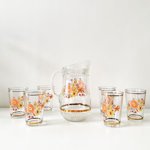Vintage Mid Century Glass Set Jug Pitcher Lemonade Crystall Glass Set Floral Italy Flower Power 1970s 70s