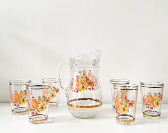 Vintage Mid Century Glas Set Krug Krug Limonade Crystall Glas Set Floral Italien Flower Power 1970er 70er Jahre