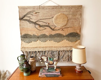 Vintage Tapestry Boho Wall Hanging Handmade Hand Tufted India Hippie 1960s 1970s Natural Tones XL