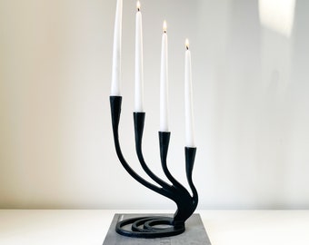 Vintage Mid Century Modernist Minimalist Candelabra Candle Holder Iron Wrought Black Swedish Designer Handmade 1960 60s