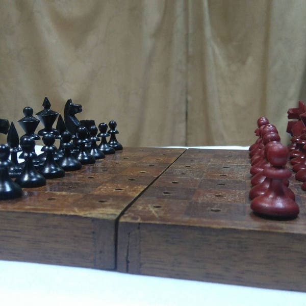 Travel soviet chess set antique, 1940s made wooden pocket chess USSR, small black red chess game vintage