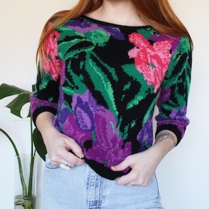 80s Floral Pullover Sweater Cropped | Designer Perry Ellis | Small | Wool 3/4 Sleeves