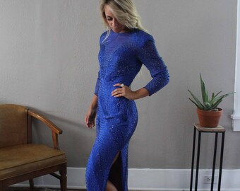 80's Blue Beaded SHOMAX Dress | Small Silk Evening Gown