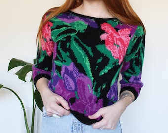 80s Floral Pullover Sweater Cropped | Designer Perry Ellis | Small | Wool 3/4 Sleeves